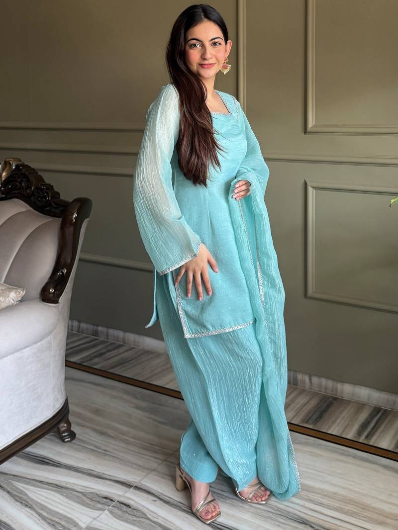 Stunning Sky Blue Lace Work Silk Wedding Wear Salwar Suit