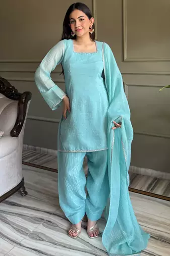 Stunning Sky Blue Lace Work Silk Wedding Wear Salwar Suit