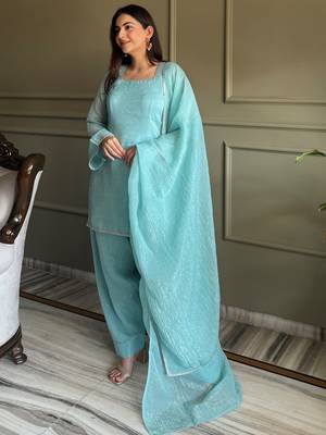 Stunning Sky Blue Lace Work Silk Wedding Wear Salwar Suit 4