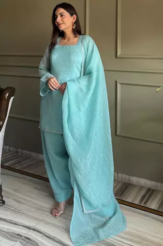 Stunning Sky Blue Lace Work Silk Wedding Wear Salwar Suit