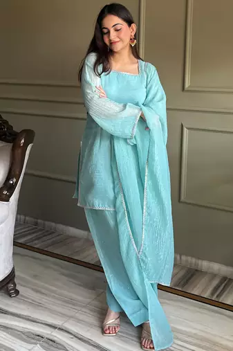 Stunning Sky Blue Lace Work Silk Wedding Wear Salwar Suit