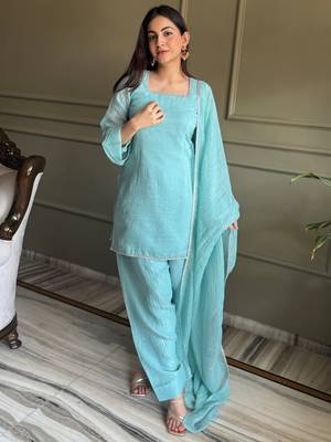 Stunning Sky Blue Lace Work Silk Wedding Wear Salwar Suit 6