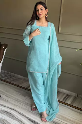 Stunning Sky Blue Lace Work Silk Wedding Wear Salwar Suit