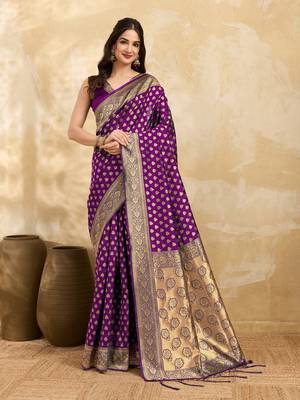 Purple Jacquard Silk Woven Rich Pallu Saree With Unstitch Blouse Piece 1