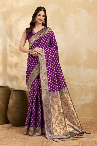 Purple Jacquard Silk Woven Rich Pallu Saree With Unstitch Blouse Piece