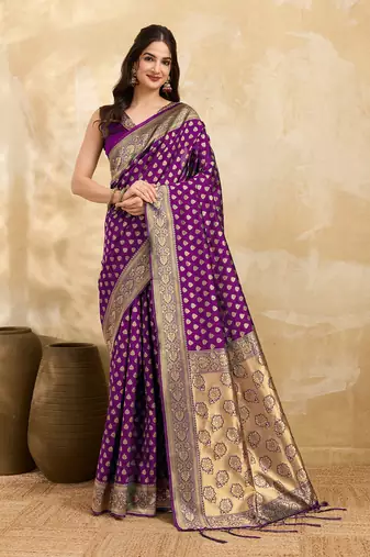 Purple Jacquard Silk Woven Rich Pallu Saree With Unstitch Blouse Piece