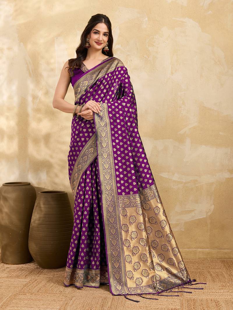 Purple Jacquard Silk Woven Rich Pallu Saree With Unstitch Blouse Piece