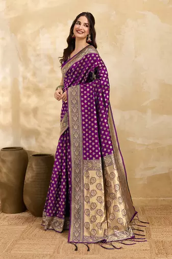 Purple Jacquard Silk Woven Rich Pallu Saree With Unstitch Blouse Piece