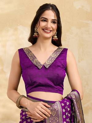 Purple Jacquard Silk Woven Rich Pallu Saree With Unstitch Blouse Piece 4