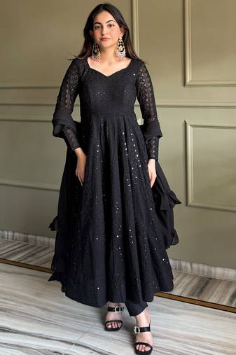 Gorgeous Black Sequins Georgette Evening Wear Anarkali Pant Suit