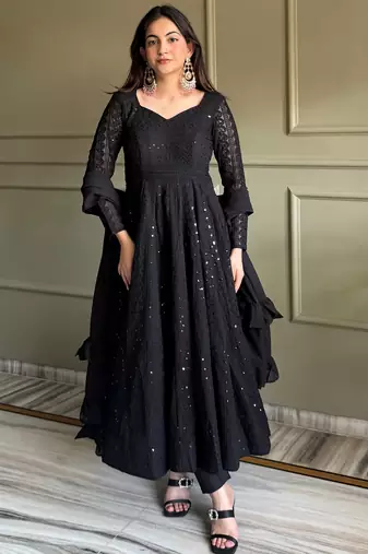 Gorgeous Black Sequins Georgette Evening Wear Anarkali Pant Suit
