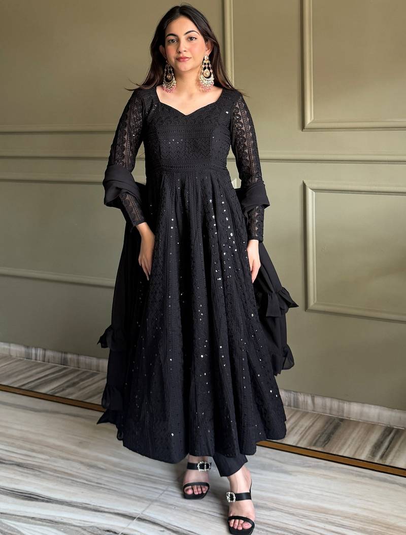 Gorgeous Black Sequins Georgette Evening Wear Anarkali Pant Suit