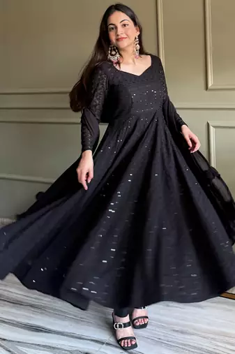 Gorgeous Black Sequins Georgette Evening Wear Anarkali Pant Suit