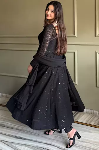 Gorgeous Black Sequins Georgette Evening Wear Anarkali Pant Suit