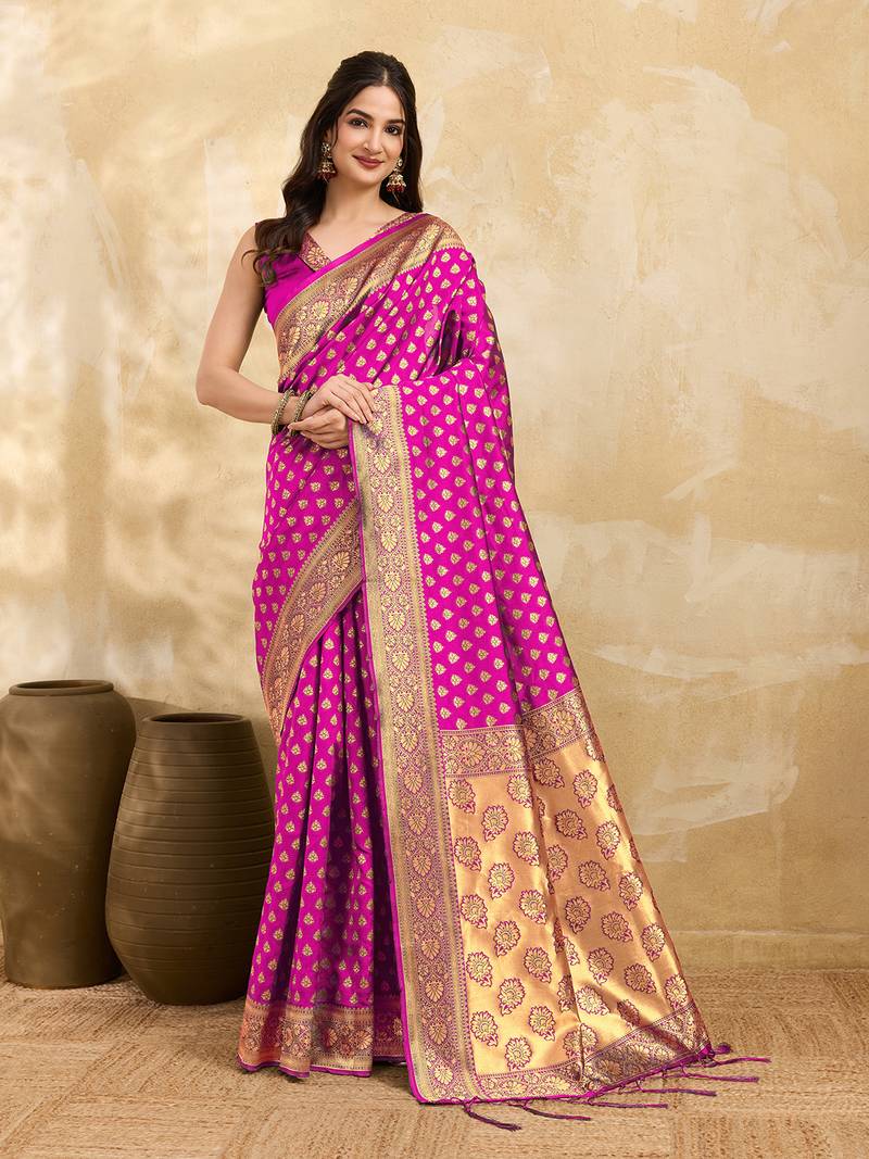 Pink Jacquard Silk Woven Rich Pallu Saree With Unstitch Blouse Piece