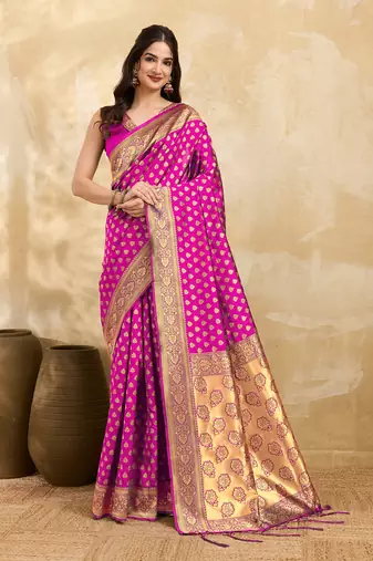 Pink Jacquard Silk Woven Rich Pallu Saree With Unstitch Blouse Piece