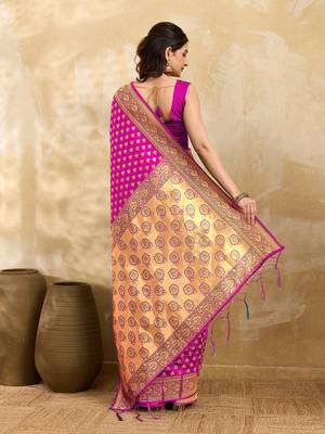 Pink Jacquard Silk Woven Rich Pallu Saree With Unstitch Blouse Piece 2