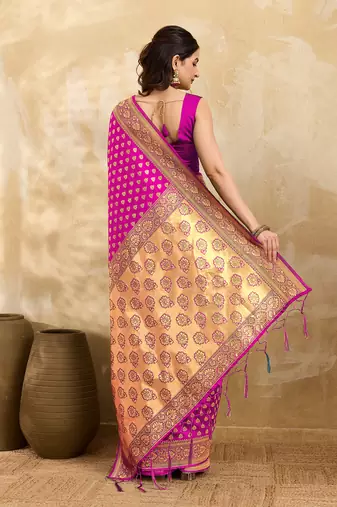 Pink Jacquard Silk Woven Rich Pallu Saree With Unstitch Blouse Piece