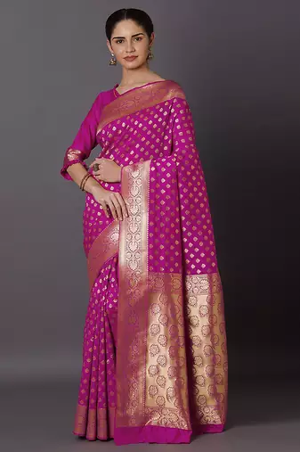 Pink Jacquard Silk Woven Rich Pallu Saree With Unstitch Blouse Piece