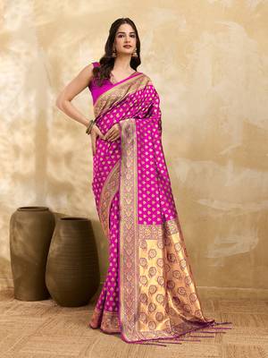Pink Jacquard Silk Woven Rich Pallu Saree With Unstitch Blouse Piece 3