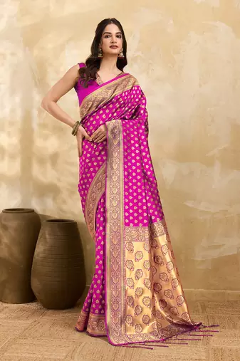 Pink Jacquard Silk Woven Rich Pallu Saree With Unstitch Blouse Piece