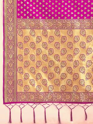Pink Jacquard Silk Woven Rich Pallu Saree With Unstitch Blouse Piece 5