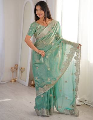 sea green woven embroidered silk saree 1