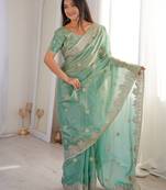 sea green woven embroidered silk saree