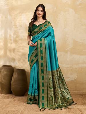 Green Blue Jacquard Silk Woven Zari Work Rich Pallu Traditional Saree With Unstitch Blose Piece 1