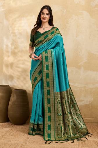Green Blue Jacquard Silk Woven Zari Work Rich Pallu Traditional Saree With Unstitch Blose Piece