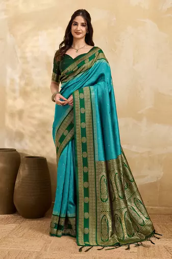 Green Blue Jacquard Silk Woven Zari Work Rich Pallu Traditional Saree With Unstitch Blose Piece