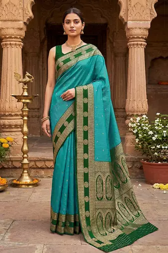 Green Blue Jacquard Silk Woven Zari Work Rich Pallu Traditional Saree With Unstitch Blose Piece