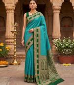 Green Blue Jacquard Silk Woven Zari Work Rich Pallu Traditional Saree With Unstitch Blose Piece