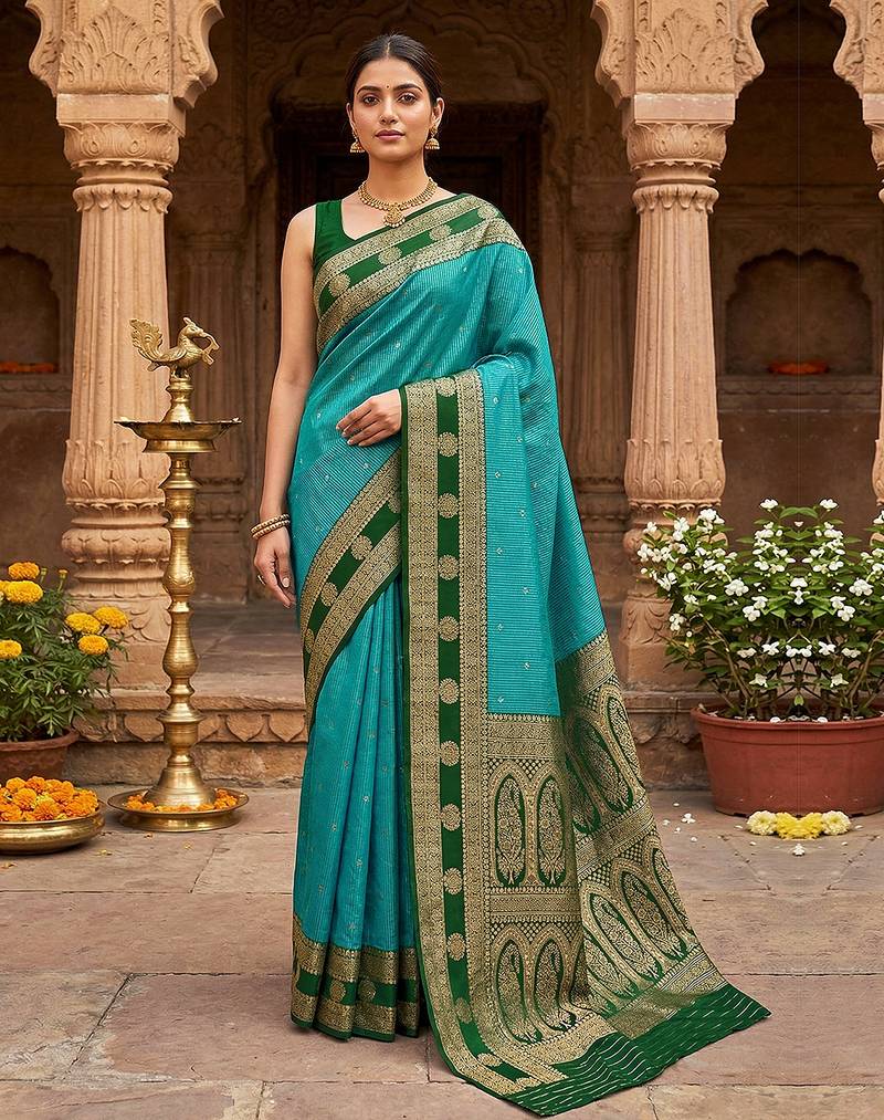 Green Blue Jacquard Silk Woven Zari Work Rich Pallu Traditional Saree With Unstitch Blose Piece