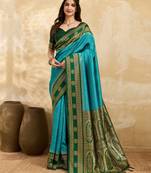 Green Blue Jacquard Silk Woven Zari Work Rich Pallu Traditional Saree With Unstitch Blose Piece