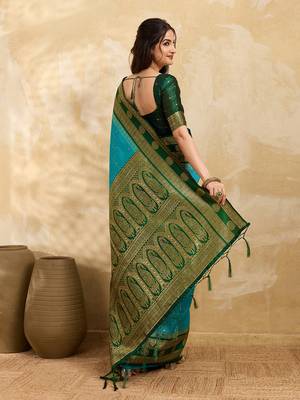 Green Blue Jacquard Silk Woven Zari Work Rich Pallu Traditional Saree With Unstitch Blose Piece 2