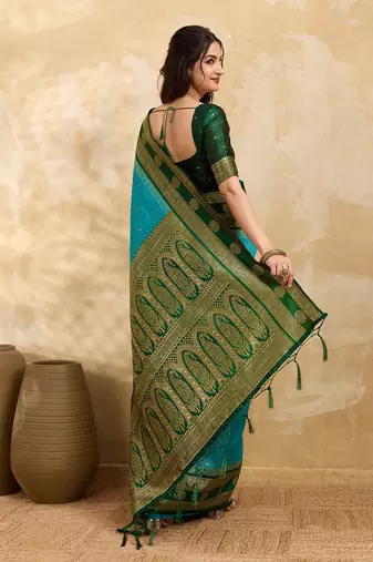 Green Blue Jacquard Silk Woven Zari Work Rich Pallu Traditional Saree With Unstitch Blose Piece