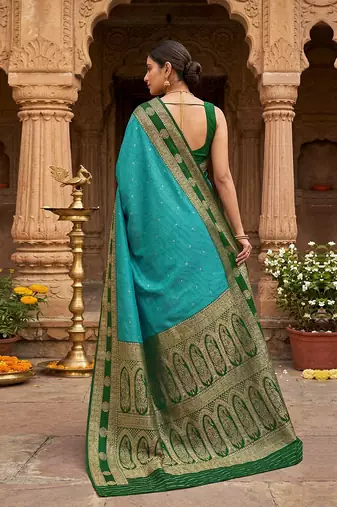Green Blue Jacquard Silk Woven Zari Work Rich Pallu Traditional Saree With Unstitch Blose Piece