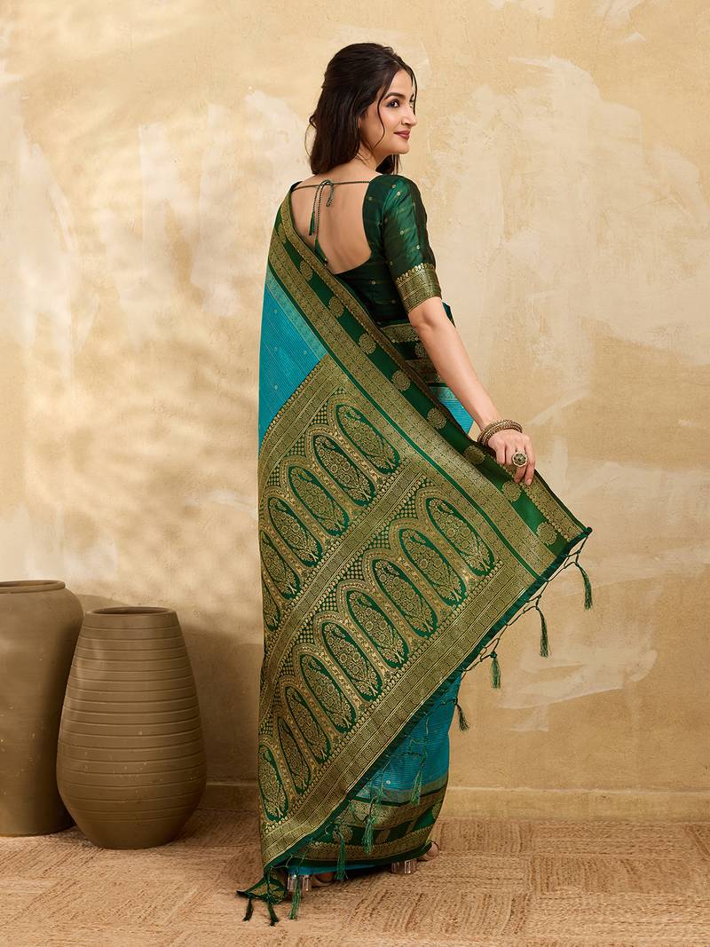 Green Blue Jacquard Silk Woven Zari Work Rich Pallu Traditional Saree With Unstitch Blose Piece