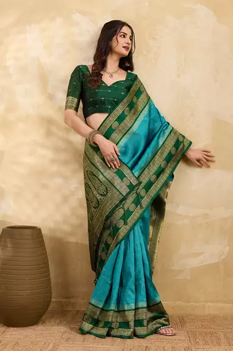 Green Blue Jacquard Silk Woven Zari Work Rich Pallu Traditional Saree With Unstitch Blose Piece