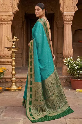 Green Blue Jacquard Silk Woven Zari Work Rich Pallu Traditional Saree With Unstitch Blose Piece