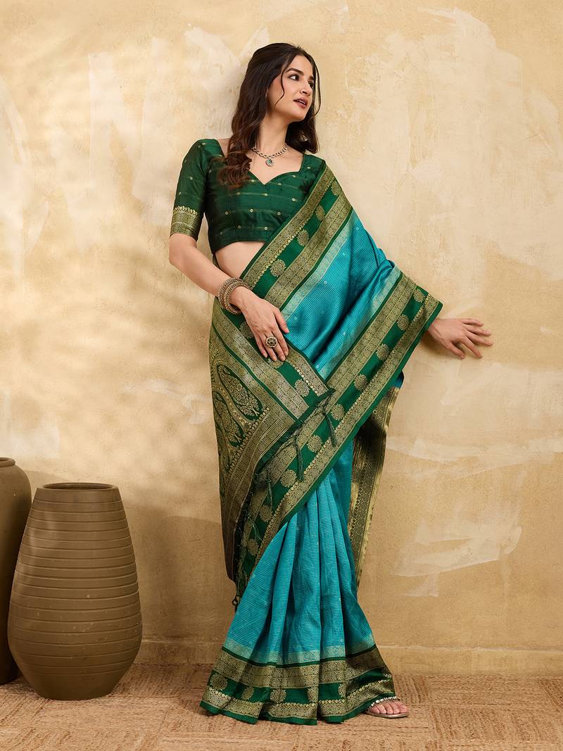 Green Blue Jacquard Silk Woven Zari Work Rich Pallu Traditional Saree With Unstitch Blose Piece