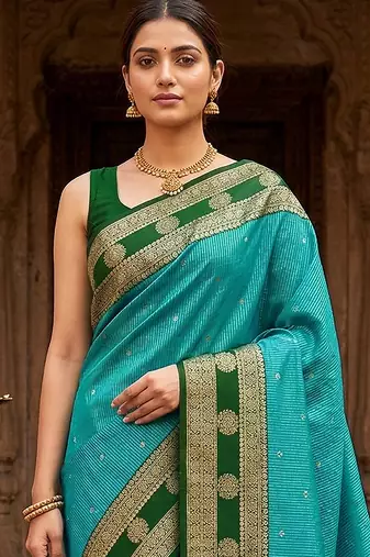 Green Blue Jacquard Silk Woven Zari Work Rich Pallu Traditional Saree With Unstitch Blose Piece