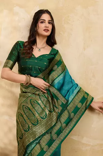 Green Blue Jacquard Silk Woven Zari Work Rich Pallu Traditional Saree With Unstitch Blose Piece
