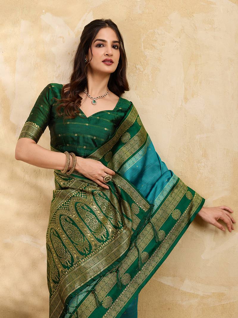 Green Blue Jacquard Silk Woven Zari Work Rich Pallu Traditional Saree With Unstitch Blose Piece