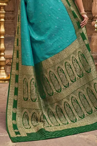Green Blue Jacquard Silk Woven Zari Work Rich Pallu Traditional Saree With Unstitch Blose Piece