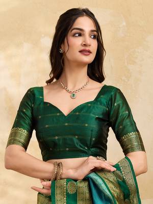 Green Blue Jacquard Silk Woven Zari Work Rich Pallu Traditional Saree With Unstitch Blose Piece 5