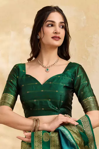 Green Blue Jacquard Silk Woven Zari Work Rich Pallu Traditional Saree With Unstitch Blose Piece