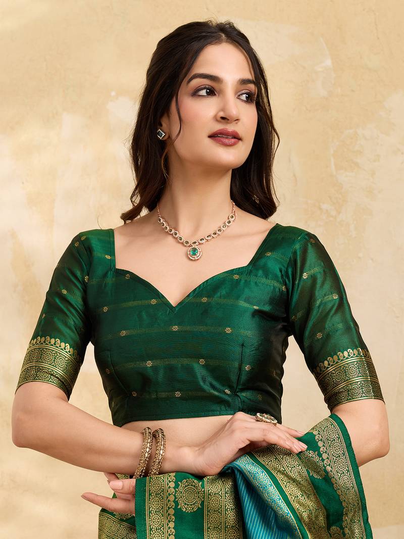 Green Blue Jacquard Silk Woven Zari Work Rich Pallu Traditional Saree With Unstitch Blose Piece