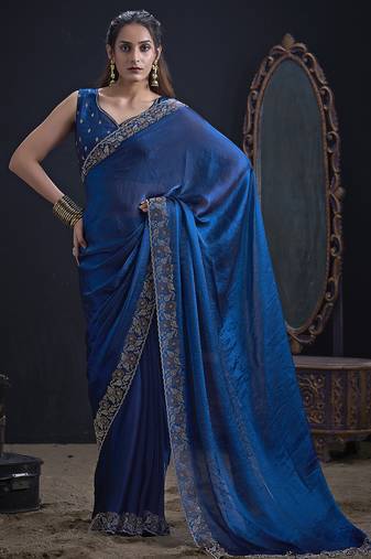 Teal blue color two tone silk designer wedding saree for women